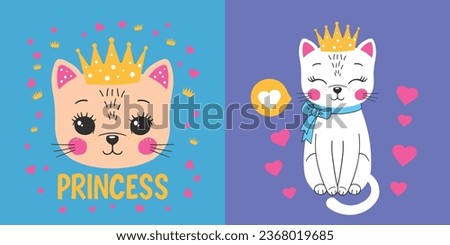 Cute princess cat girl with crown for t-shirt graphics, fashion prints, posters and other uses