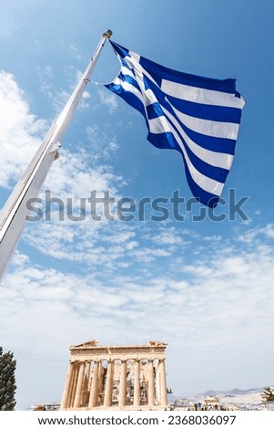 Flag of Greece against a blue sky, Acropolis, Athens, Greece, Europe