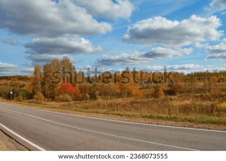 autumn landscape by the road. nice sunny weather and colorful orange and yellow trees 