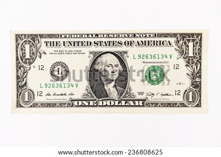 Close up of one dollar isolate on white background.  Royalty-Free Stock Photo #236808625