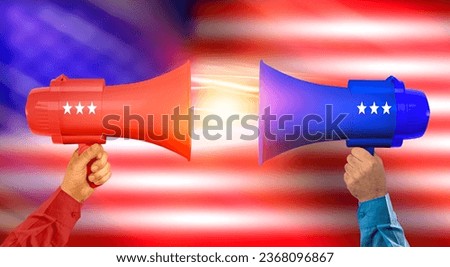 USA flag, Loudhailer or megaphone, loudspeaker. Announcement, elections, campaigning, voting, public hearing concept. Royalty-Free Stock Photo #2368096867