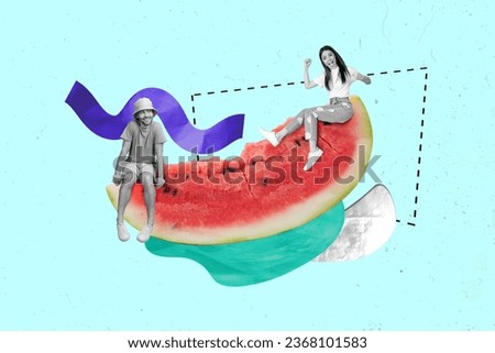 Creative drawing collage picture of two funny young people friends couple summer vacation enjoy diet healthy vitamins watermelon food
