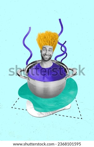 Weird portrait collage artwork smiling guy hair macaroni spaghetti strange psychedelic kitchen pot isolated on blue color background