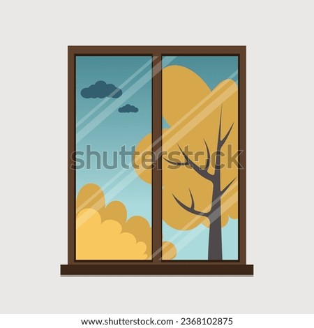 Vector illustration of the season - autumn. View from the window. Autumn landscape. Trees and bushes at different times of the year. Children's illustration. Illustration for books.