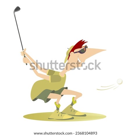 Golf course. Cartoon golfer man aiming to do a good shot. Isolated on white background