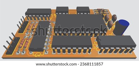 Vector pcb layout. Placement of components of radio elements, 
contact pads and seats on the printed circuit
board of an electronic device. Engineering drawing. Royalty-Free Stock Photo #2368111857