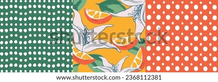 Contemporary collage orange floral and polka dot shapes seamless pattern set. Modern exotic design for paper, cover, fabric, interior decoration and other users. Royalty-Free Stock Photo #2368112381