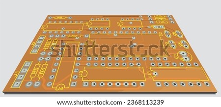 Vector pcb layout. 
Printed circuit board of an electronic 
device with
conductors, contact pads and seats placed on it. 
Engineering drawing. Royalty-Free Stock Photo #2368113239