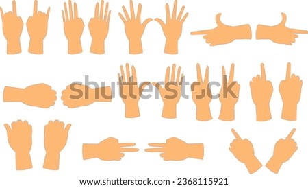 Hands poses. Female hand holding and pointing gestures, fingers crossed, fist, peace and thumb 