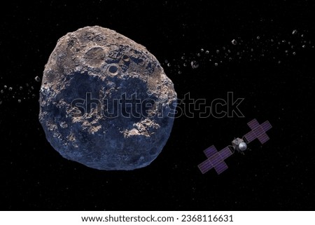 Asteroid Psyche. Asteroid orbiting the Sun between Mars and Jupiter. Psyche mission. The Psyche spacecraft will arrive at the asteroid in August 2029. This image elements furnished by NASA. 