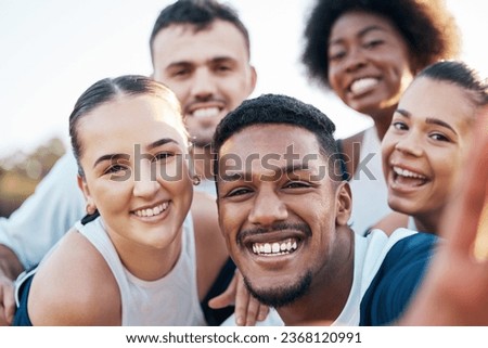 Selfie, fitness and group with exercise, outdoor and connection with social media, health and training. Face, people and men with women, outside and workout with profile picture, post and influencer