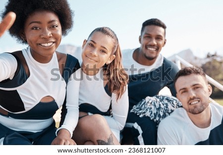 Cheerleader, sports and selfie portrait of people for performance, dance and smile for game. Teamwork, dancer and team take profile picture for social media in match, competition and event outdoors