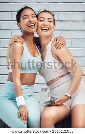 Fitness, friends and exercise partner with happy women outdoor for training, cardio workout and mental wellness. Friendship, athlete and runner females hugging for motivation, sports and healthy fun Royalty-Free Stock Photo #2368121053