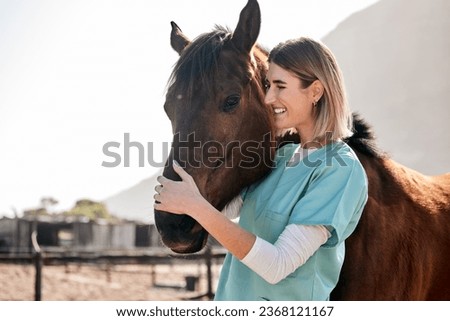 Horse doctor, care and hug outdoor at farm for health, smile and happy with love for animal in nature. Vet, woman and equine healthcare expert in sunshine, countryside and helping for wellness Royalty-Free Stock Photo #2368121167