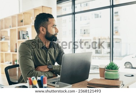 Business man, thinking and ideas on laptop for office startup, graphic design inspiration and planning. Professional online designer with vision or goals on computer for creative proposal or project