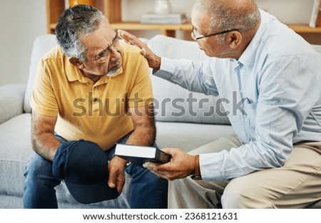 Men, home and bible with support for faith, worship and prayer by pastor, church or jesus christ. Elderly men, diversity and spiritual guidance for grief with loss and depression with hope in god Royalty-Free Stock Photo #2368121631
