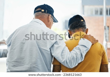 Help, back and men for support, conversation and comfort in retirement for depression. Anxiety, kindness and friends or people with a discussion, talking or a problem together with empathy and sad Royalty-Free Stock Photo #2368121663