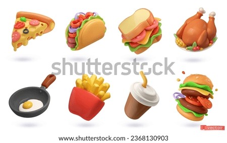 Fast food 3d cartoon vector icon set. Pizza slice, taco, sandwich, roasted turkey, fried egg, french fries, paper cup, hamburger Royalty-Free Stock Photo #2368130903