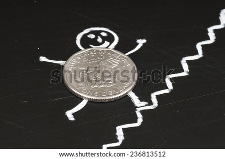 financial growth concept - cheerful coin runs up the stairs , drawing with chalk