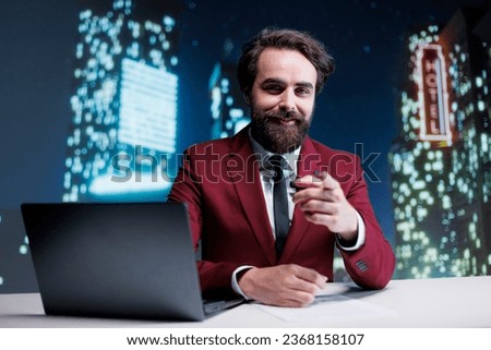 Night show host reading headlines in newsroom, presenting latest events in business and politics sectors. Media broadcaster going live on television to cover all important daily happenings.