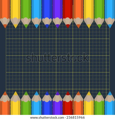 Vector background of the cutting mat and border of colored pencils. Place for your text.
