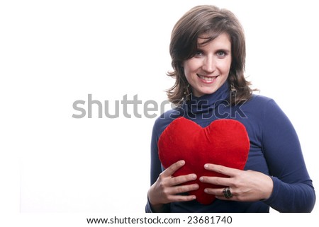 beautiful woman holding a love symbol in hands. On white background