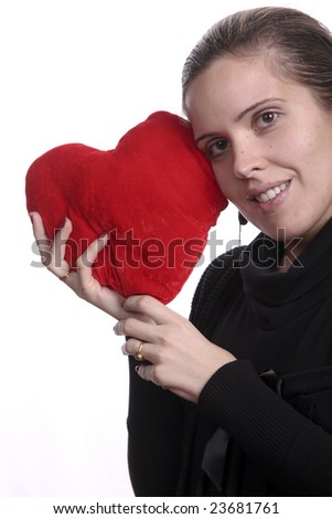 beautiful woman holding a love symbol in hands. On white background