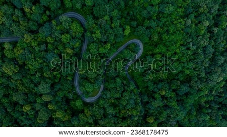 Aerial top view of road in forest.Winding road through the forest.Ecosystem ecology healthy environment road trip. Forest ecosystem and health concept and background, texture of green forest. Travel .