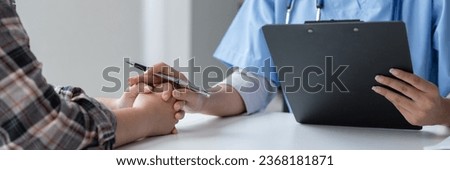 Asian female doctor using a stethoscope to examine a patient, ask for information, give advice, comfort, plan a course of treatment and preventive care. concept of health check