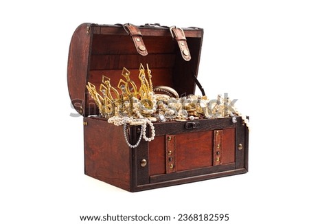 An Antique Treasure Chest FIlled with Gold Silver DIamond Treasures Royalty-Free Stock Photo #2368182595
