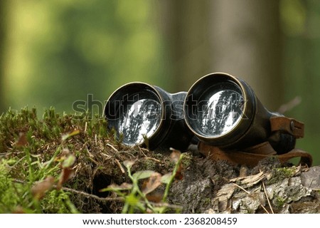 Retro binoculars resting on a tree log, lenses reflecting the surrounding trees, backdrop filled with forest setting, sense of exploration or observation Royalty-Free Stock Photo #2368208459