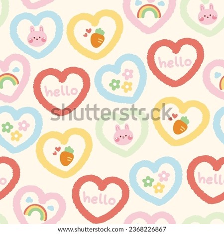 Seamless pattern of cute rabbit face and tiny icon in heart shape frame on pastel background.Rodent animal hand drawn.Image for card,poster,baby clothing.Kawaii.Vector.Illustration. Royalty-Free Stock Photo #2368226867