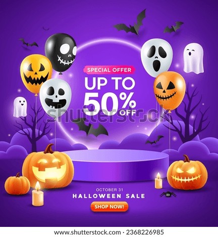 Halloween podium purple color, pumpkin, balloons, ghost, candle, and bat flying, poster flyer design on purple background, Eps 10 vector illustration
