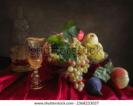 Still life with white wine glass and fruits