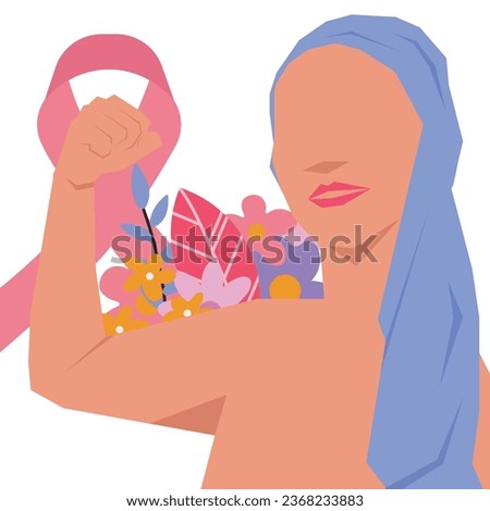 breast cancer awareness pink ribbon woman scarf hair fight gesture support in flat illustration