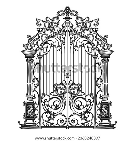 ANTIQUE METAL GATE. Black on white sketch of wrought iron bi-fold garden doors. Church gate with scrolls and leaves. Royalty-Free Stock Photo #2368248397
