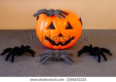 Pumpkins and spiders celebrating trick or treat on Halloween day. Jack-O'-Lantern basket to collect candies.