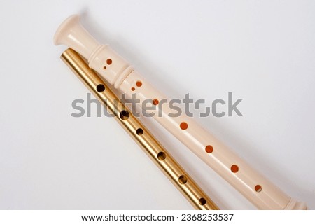 Irish whistle and block flute are longitudinal flutes with a whistle device and playing holes. Royalty-Free Stock Photo #2368253537