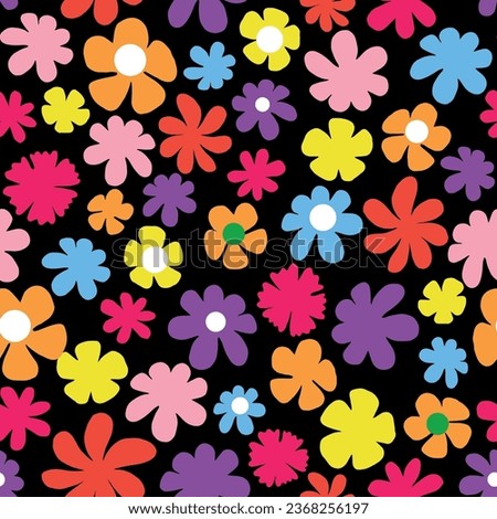 Black happy and colorful floral seamless vector pattern. Floral vector pattern. Wildflowers, daisy pattern