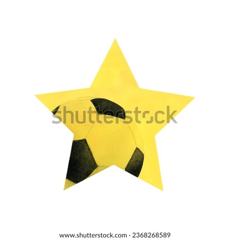 Watercolor drawing of football ball black and white with pentagon pattern in yellow star. Scillfully painted illustration on white background. For logo banner icon card leaflet textile prints sticker 