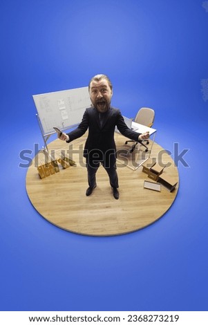 Shouting man with huge head and small body dressed stylishly holding phone in office room isolated blue background. 3d-rendering island. Concept of art, business, success, quarantine, trade. Ad