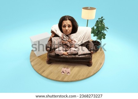 Sick woman with giant head and small body sitting on sofa covered blanket at home, in room isolated blue background. 3d-rendering island. Concept of art, emotions, quarantine, humor, allergy. Ad Royalty-Free Stock Photo #2368273227