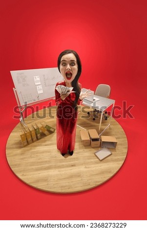 Shouting woman with huge head and small body dressed stylishly holding cash, money in office, room isolated red background. 3d-rendering island. Concept of art, business, income, success, quarantine.