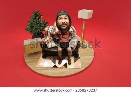 Relaxing guy with giant head and small body sitting on sofa with laptop at home, in room isolated red background. 3d-rendering island. Concept of art, business, online work, quarantine, workplace. Ad