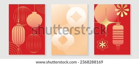 Chinese New Year cover background vector. Luxury background design with gold Chinese lantern and oriental decorative element for Asian Lunar New Year holiday cover, poster, ad and sale banner. Royalty-Free Stock Photo #2368288169