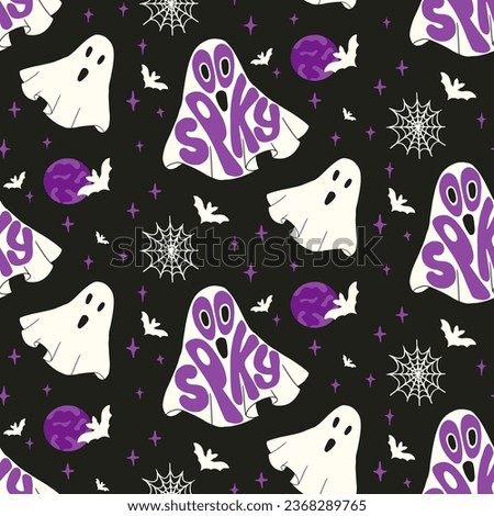 Scary pattern with Halloween groovy lettering. Flying ghost in flat minimalistic style with slogan Spooky inside. Hand drawn holiday design for party decoration, textile, background, wrapping paper