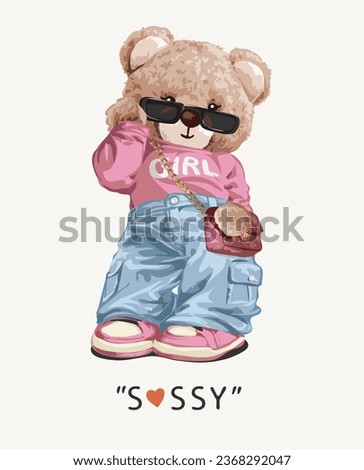 sassy slogan with cute bear doll in pastel grunge fashion vector illustration Royalty-Free Stock Photo #2368292047