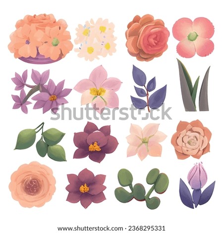 1 vector set of various watercolor style flowers with bright colors