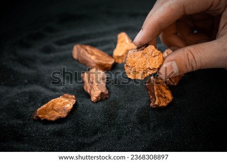 Man's hand holding a piece of copper to examine it for industrial use on white background Royalty-Free Stock Photo #2368308897