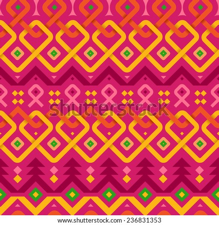 Vector Seamless Tribal braided pattern. Geometrical Ethnic Background with triangles, rhombus and stripes. Yellow and pink colors